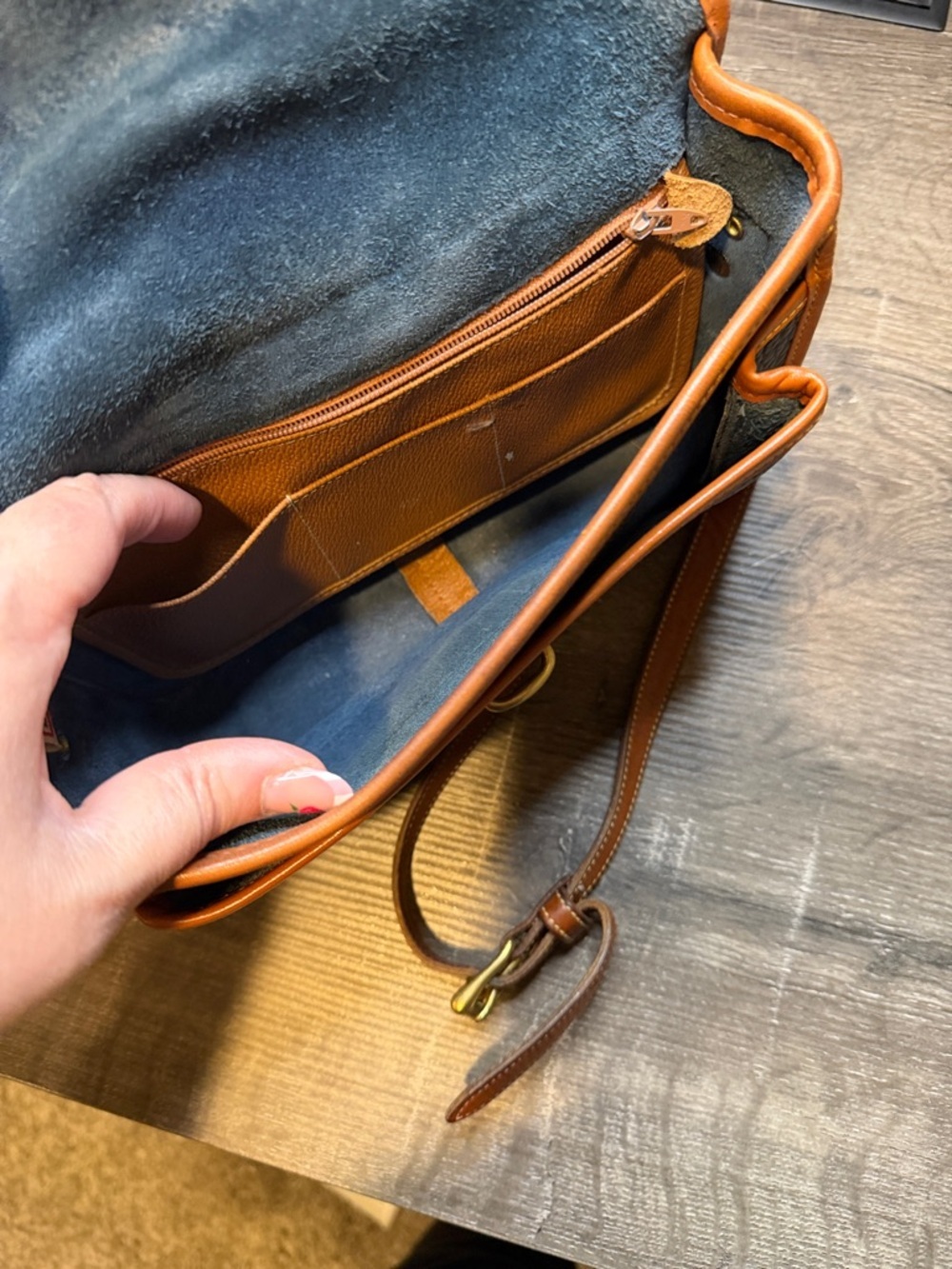 Dooney & Bourke Classic Blue Pebbled Leather Crossbody with Brown Trim - Picture 6 of 7
